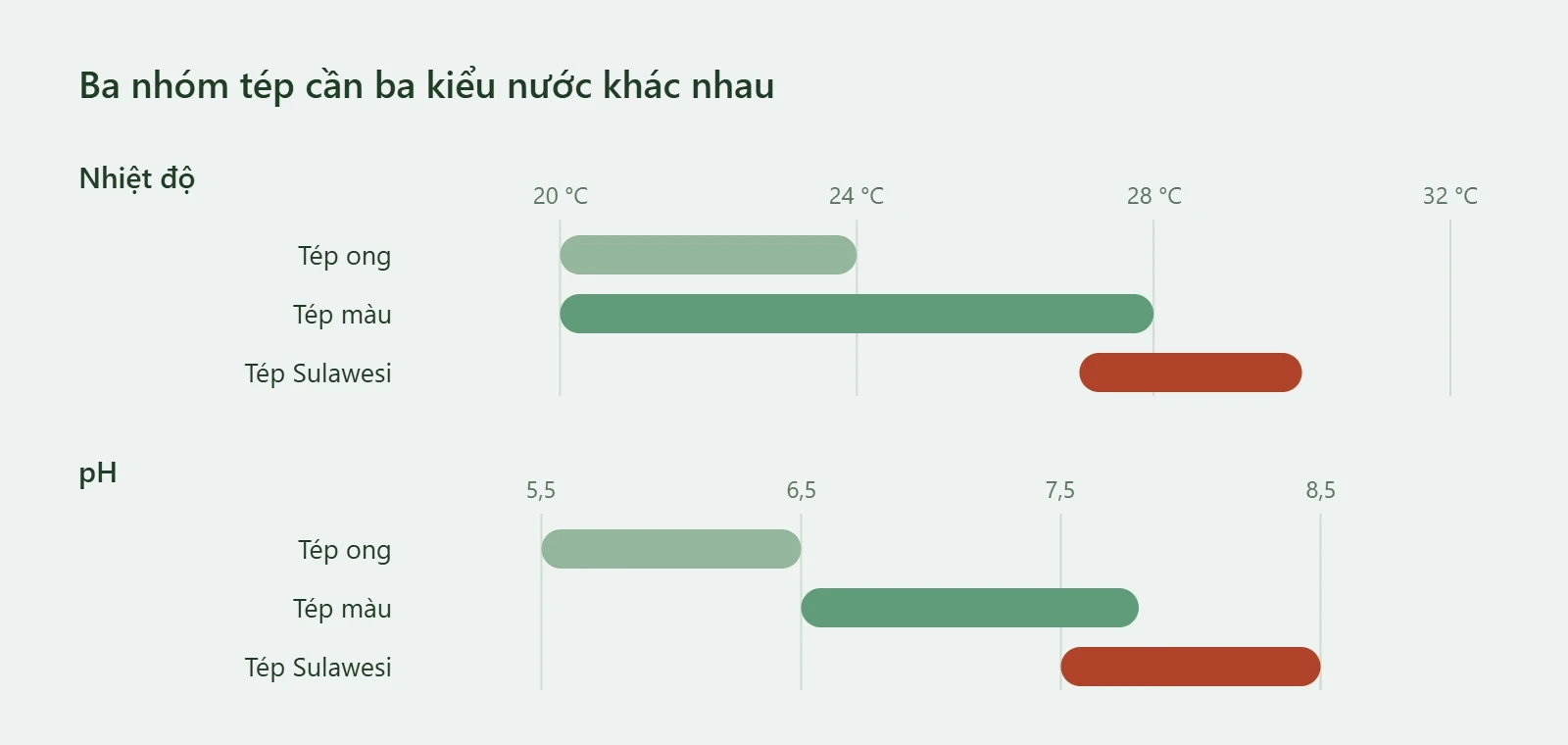 Biểu đồ so sánh khoảng nhiệt độ và pH của tép ong, tép màu và tép Sulawesi